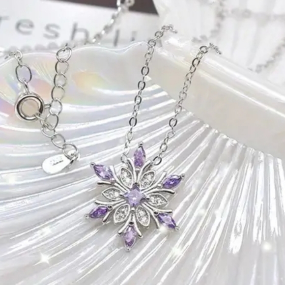 Handmade Jewelry - 925 Sterling Silver Vintage Purple Snowflake Zircon Necklace.
